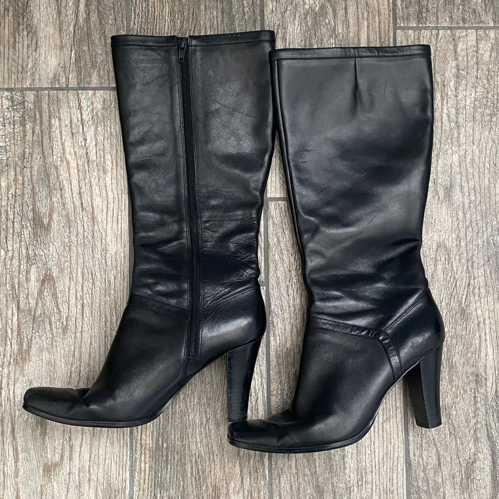 Nine West Tall Black Leather Zip Square Toe Riding Boots CALLANO